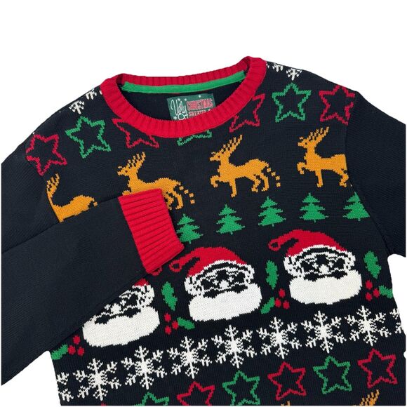 Ugly Christmas Sweater XL Santa Reindeer Snowflake Trees Black Red Knit - Picture 1 of 9